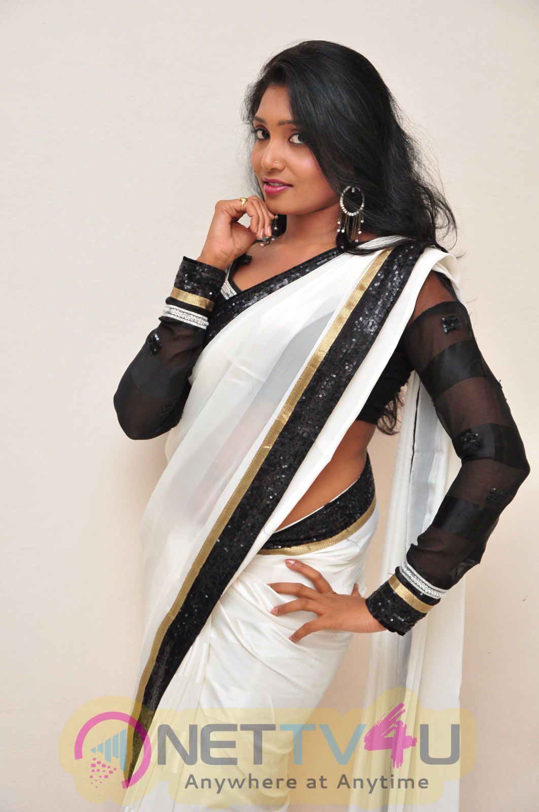 nisha latest photos in black and white saree 1
